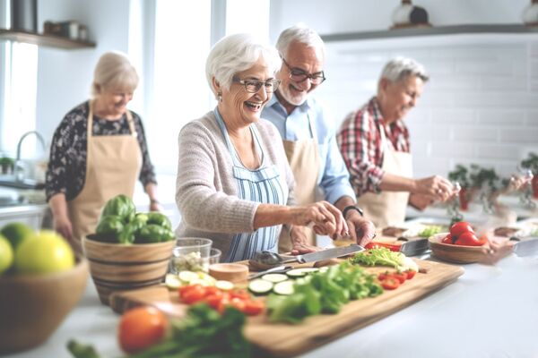 Cuatro personas mayores cocinando juntas verduras frescas en una cocina